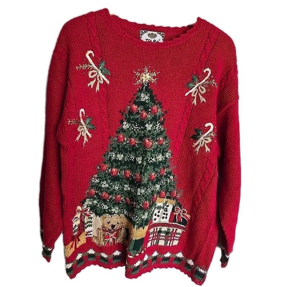 Vintage Tiara Christmas Sweater Embroidered Tree Teddy Bear Candy Canes Womens L - Picture 1 of 11